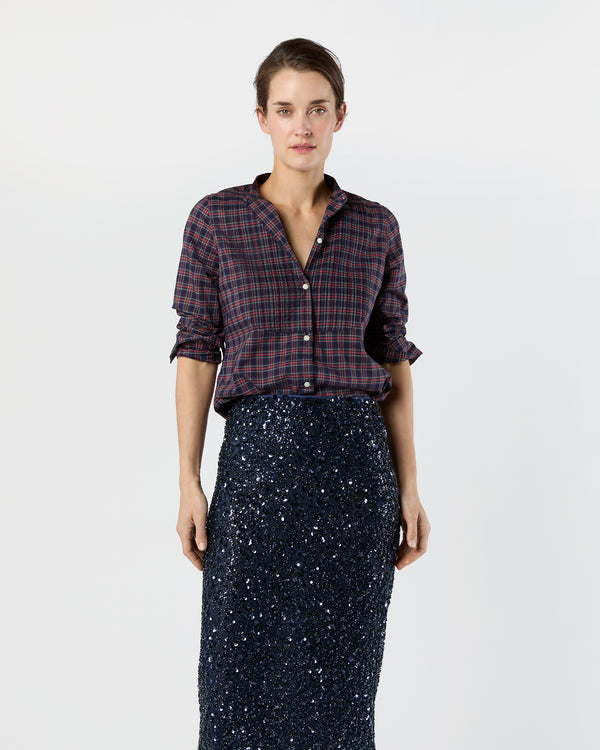 sid mashburn Mandarin Hattie Shirt in Navy/Red Stewart Tartan Poplin