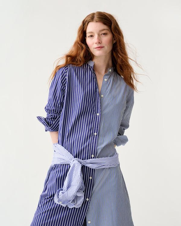 Sid Mashburn Mandarin Talitha Shirtdress In Navy/White Mixed Stripe Poplin