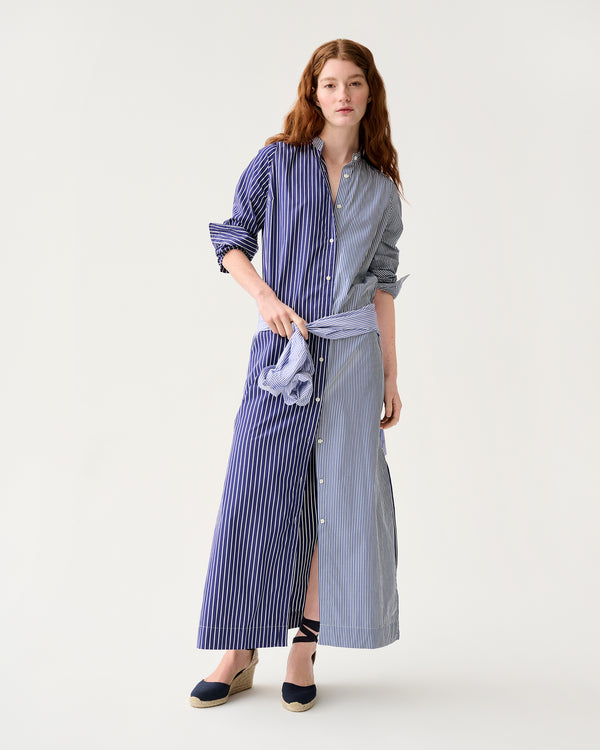 Sid Mashburn Mandarin Talitha Shirtdress In Navy/White Mixed Stripe Poplin