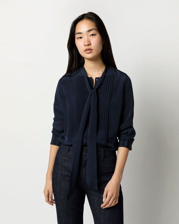 sid mashburn Marigold Blouse in Navy Silk Crepe de Chine