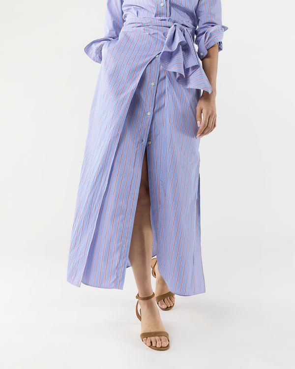 Sid Mashburn Maxi Tie-Waist Shirtdress In Blue/Red Multi Stripe Poplin