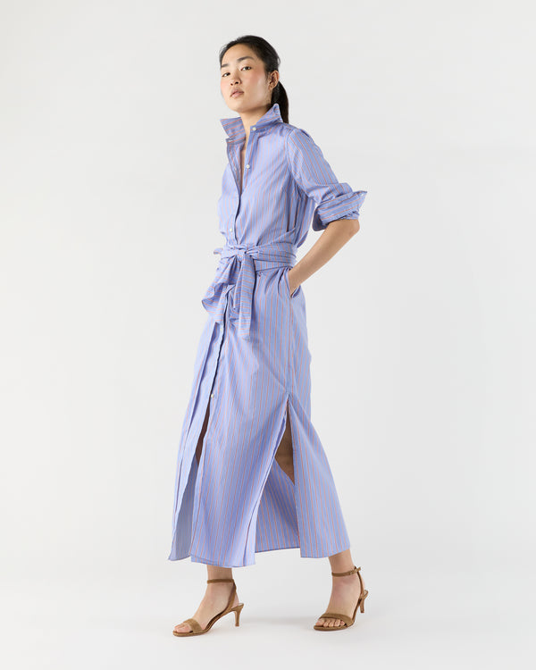 Sid Mashburn Maxi Tie-Waist Shirtdress In Blue/Red Multi Stripe Poplin
