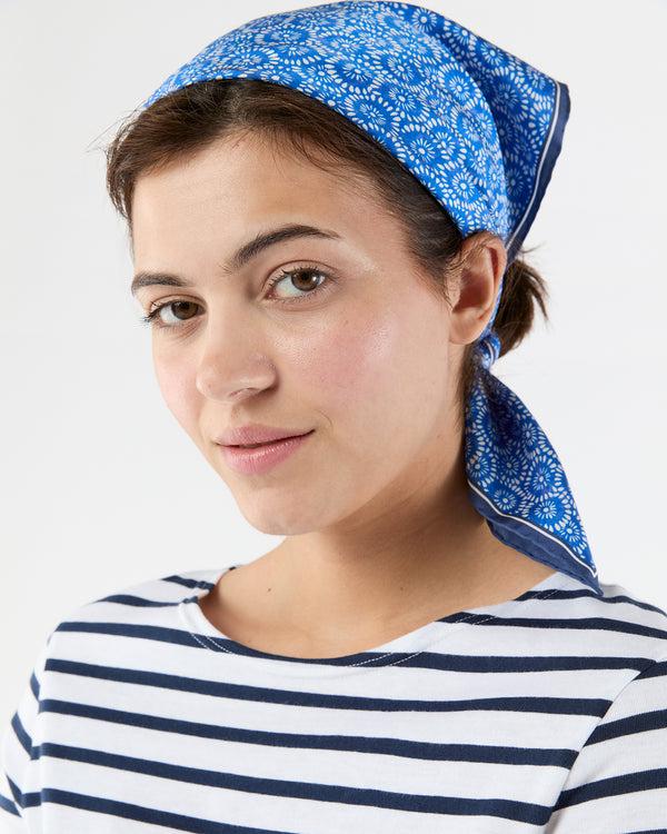 Sid Mashburn Medium Hand-Rolled Silk Scarf In Blue/Ivory Floral Block Print