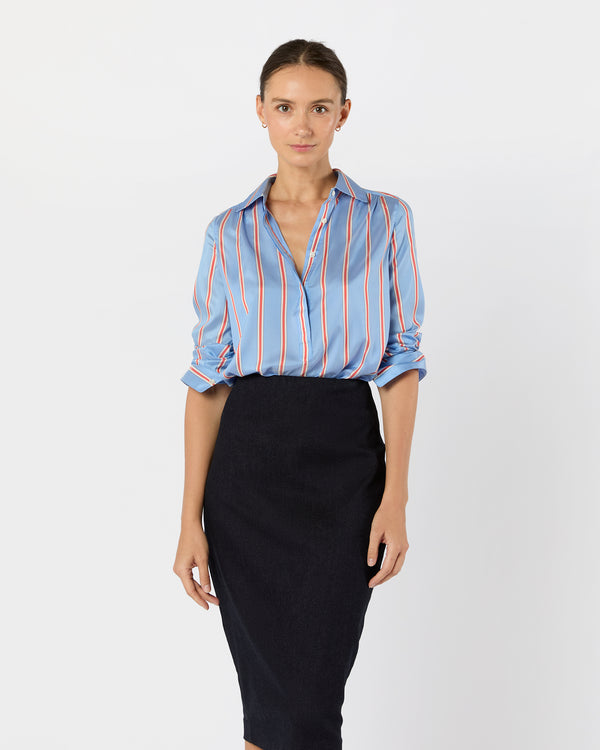 Sid Mashburn Natalia Blouse In Blue/Persimmon Bold Stripe Crepe De Chine