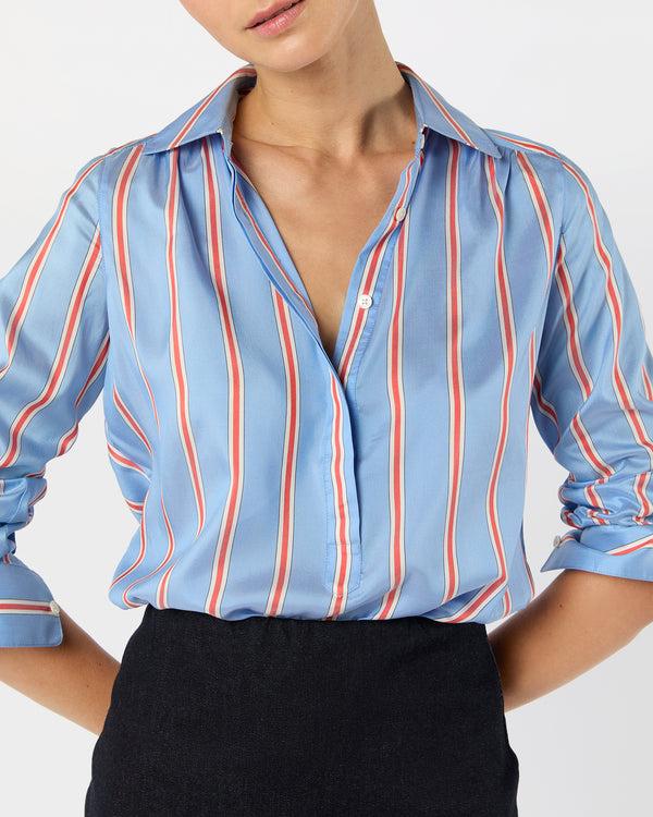 sid mashburn Natalia Blouse in Blue/Persimmon Bold Stripe Crepe de Chine