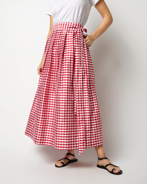 Sid Mashburn Pleated Wrap Midi Skirt In Red Gingham Silk Shantung