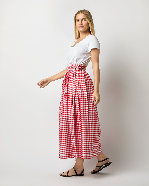 Sid Mashburn Pleated Wrap Midi Skirt In Red Gingham Silk Shantung