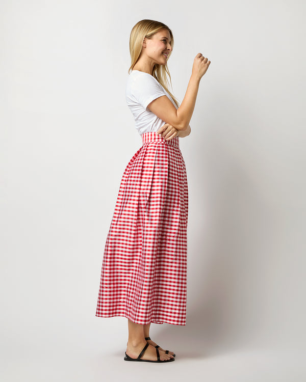 Sid Mashburn Pleated Wrap Midi Skirt In Red Gingham Silk Shantung