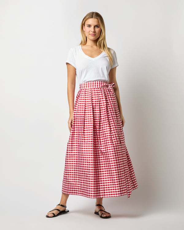 sid mashburn Pleated Wrap Midi Skirt in Red Gingham Silk Shantung