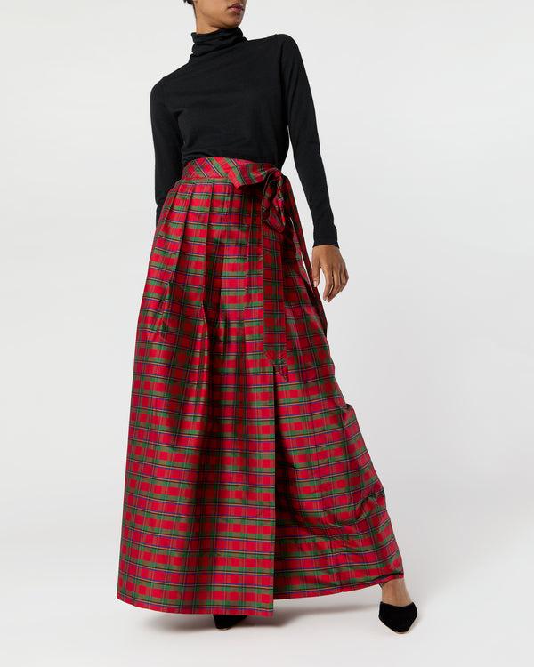 Sid Mashburn Pleated Wrap Skirt In Red Holiday Tartan Silk Shantung