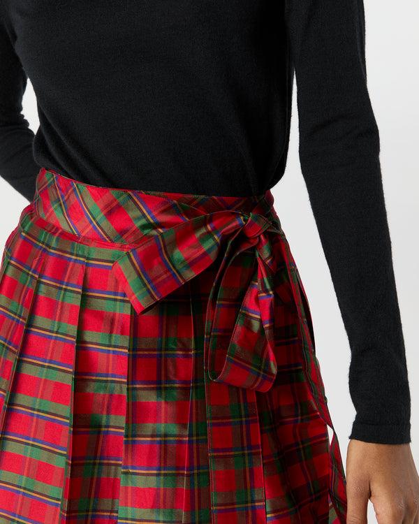 Sid Mashburn Pleated Wrap Skirt In Red Holiday Tartan Silk Shantung
