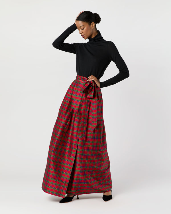 Sid Mashburn Pleated Wrap Skirt In Red Holiday Tartan Silk Shantung
