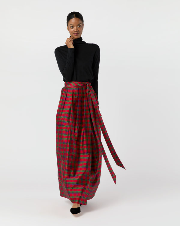 sid mashburn Pleated Wrap Skirt in Red Holiday Tartan Silk Shantung