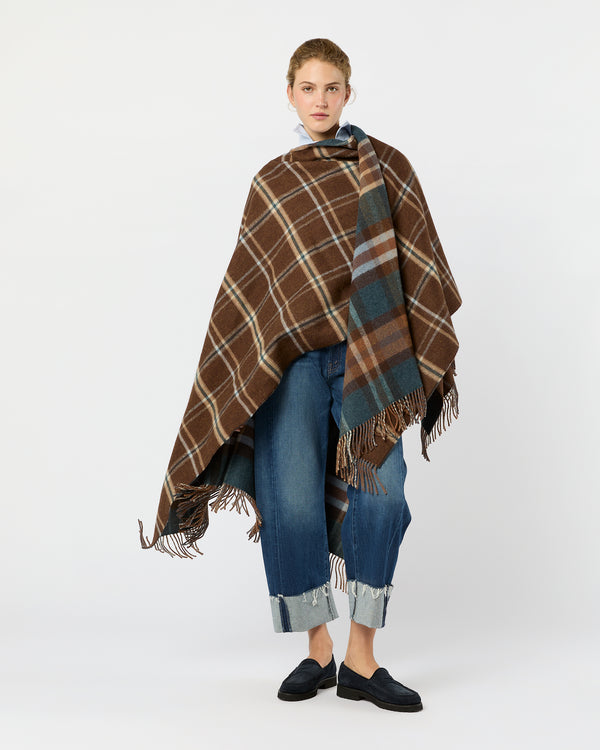 Sid Mashburn Reversible Lambswool Cape In Heather Blue Check/Brown Windowpane