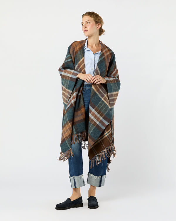 Sid Mashburn Reversible Lambswool Cape In Heather Blue Check/Brown Windowpane