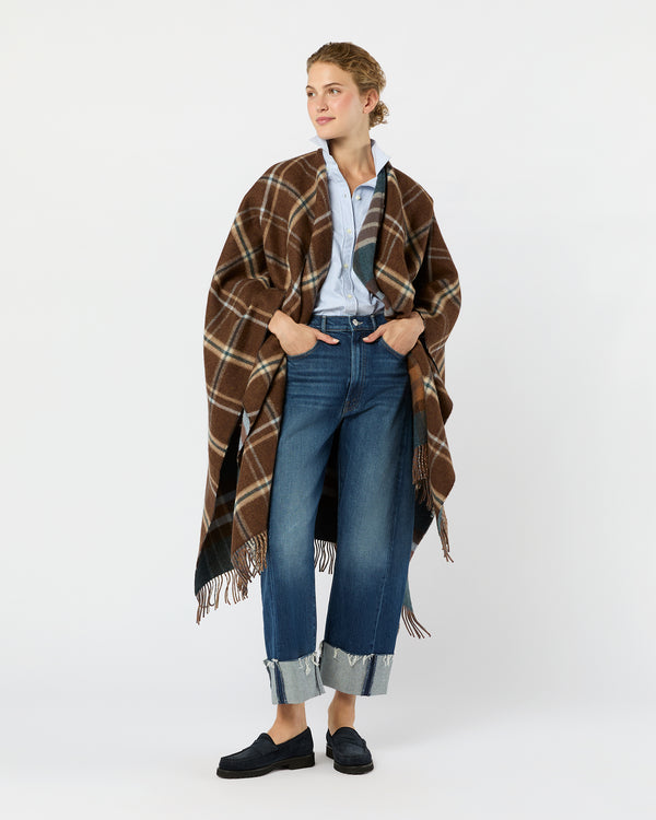 Sid Mashburn Reversible Lambswool Cape In Heather Blue Check/Brown Windowpane