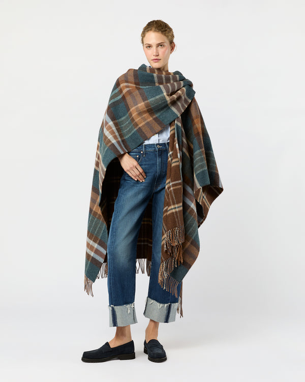 sid mashburn Reversible Lambswool Cape in Heather Blue Check/Brown Windowpane