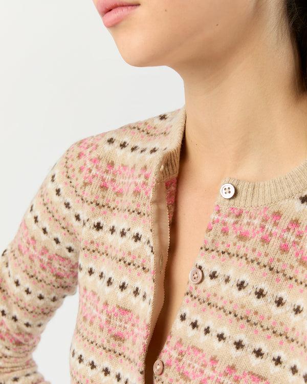 Sid Mashburn Rosie Fair Isle Cardigan In Mink/Pink Multi Extra Fine Merino Wool