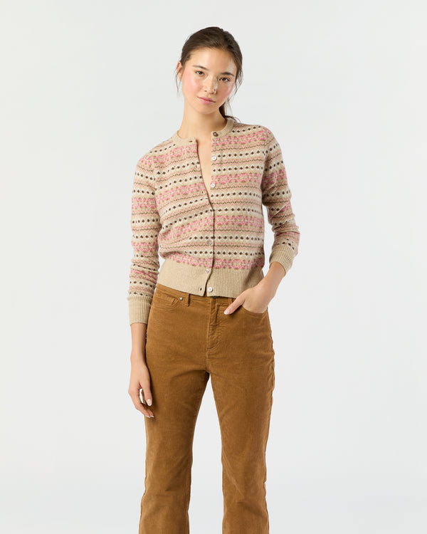 sid mashburn Rosie Fair Isle Cardigan in Mink/Pink Multi Extra Fine Merino Wool