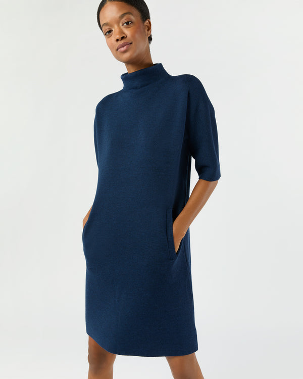 Sid Mashburn Rowan Short-Sleeved Funnel-Neck Dress In Heather Navy Extra Fine Merin