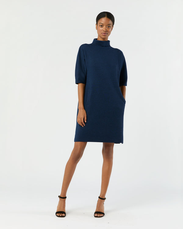 Sid Mashburn Rowan Short-Sleeved Funnel-Neck Dress In Heather Navy Extra Fine Merin
