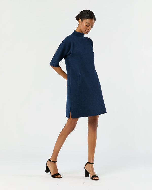 sid mashburn Rowan Short-Sleeved Funnel-Neck Dress in Heather Navy Extra Fine Merin
