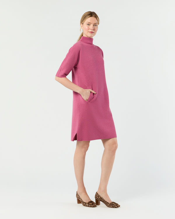 Sid Mashburn Rowan Short-Sleeved Funnel-Neck Dress In Heather Pink Extra Fine Merin