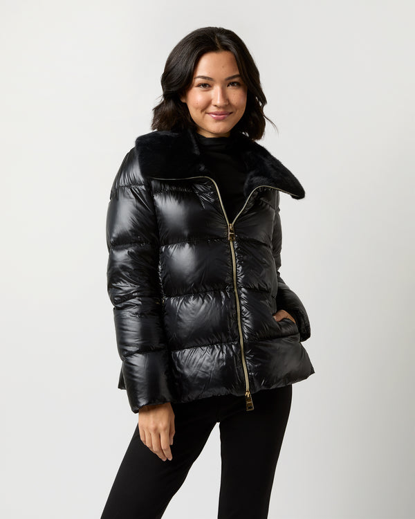 sid mashburn Shiny Nylon Short Jacket With Faux Fur in Black