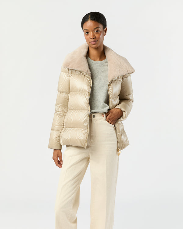 sid mashburn Shiny Nylon Short Jacket with Faux Fur in Champagne