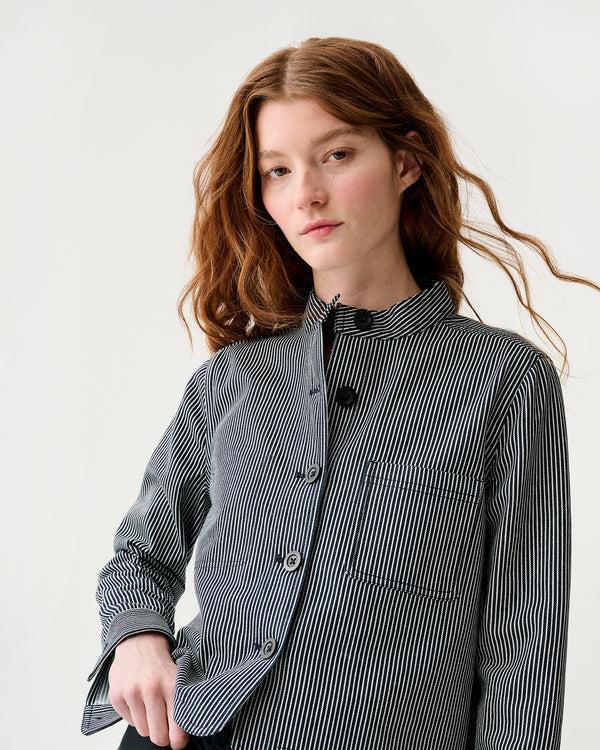 Sid Mashburn Short Chore Jacket In Indigo Railroad Stripe Denim