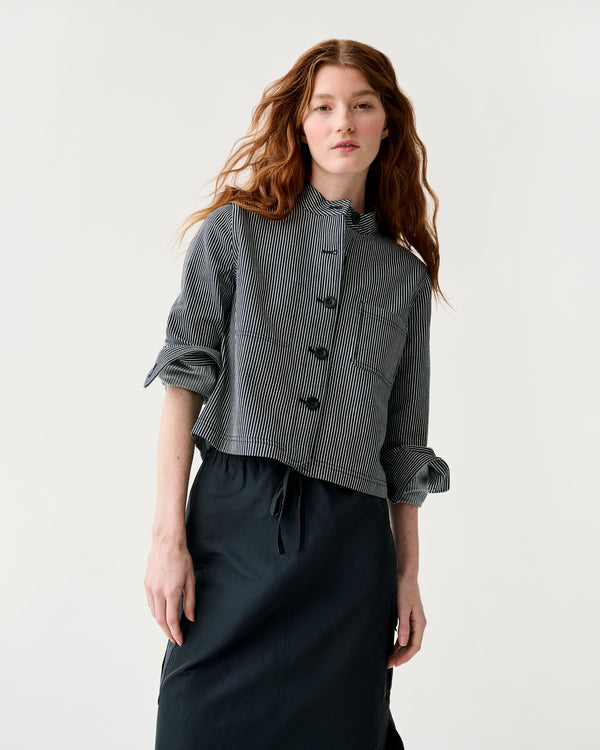 sid mashburn Short Chore Jacket in Indigo Railroad Stripe Denim