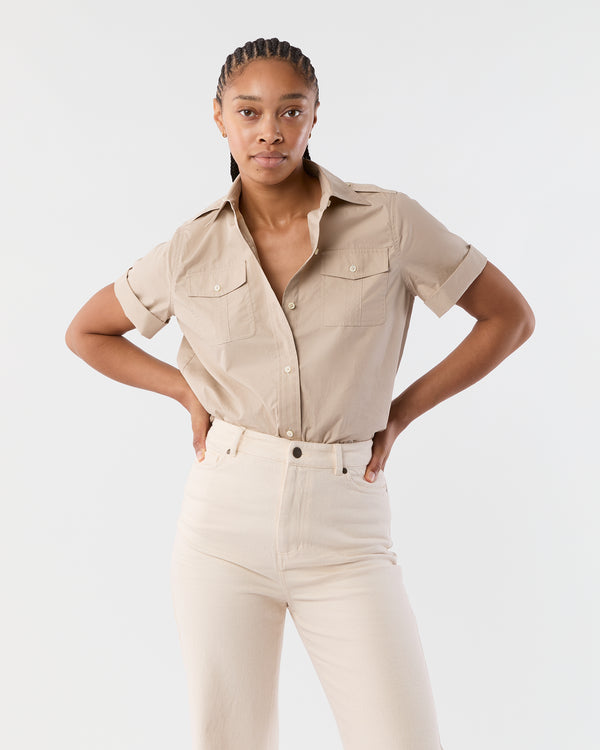 sid mashburn Short-Sleeved Safari Shirt in Stone Poplin