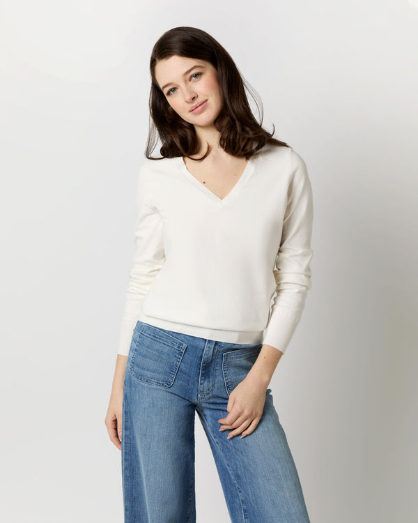 sid mashburn Alida V-Neck Sweater in Ivory Cotton