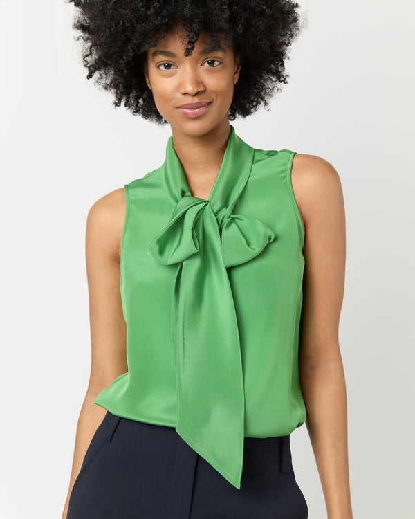 Sid Mashburn Sleeveless Tie-Neck Blouse In Avocado Silk Crepe De Chine
