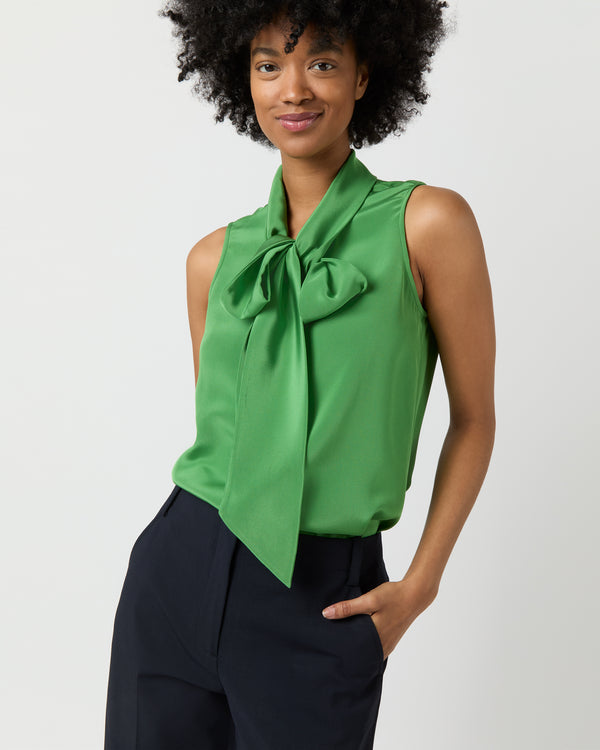 sid mashburn Sleeveless Tie-Neck Blouse in Avocado Silk Crepe de Chine