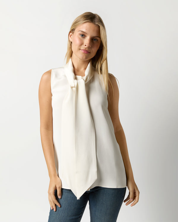 sid mashburn Sleeveless Tie-Neck Blouse in Ivory Silk Crepe de Chine