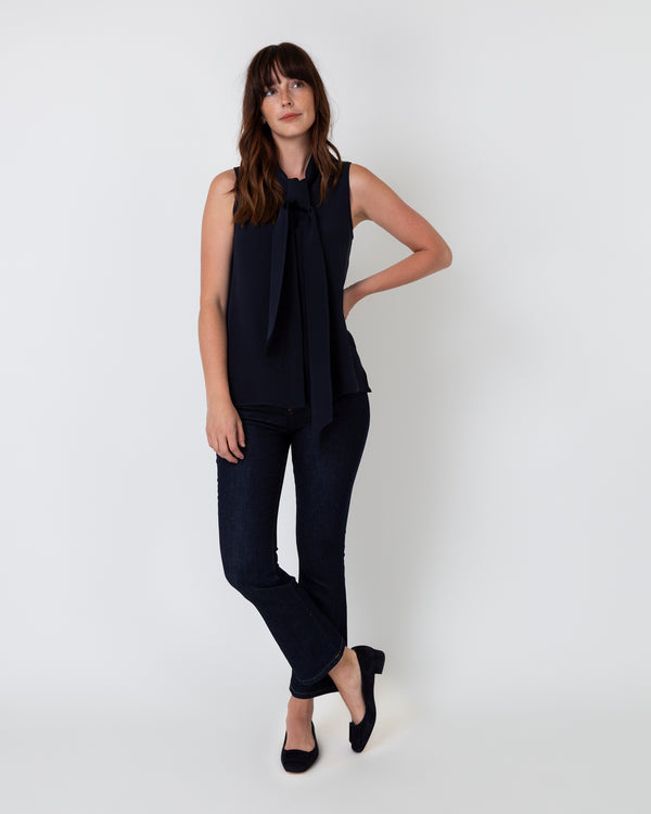 Sid Mashburn Sleeveless Tie-Neck Blouse In Navy Silk Crepe De Chine