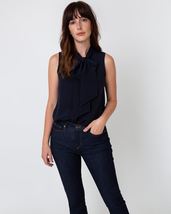 sid mashburn Sleeveless Tie-Neck Blouse in Navy Silk Crepe de Chine