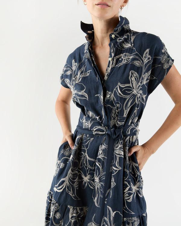 Sid Mashburn Sophia Popover Dress In Navy/Natural Embroidered Floral Linen
