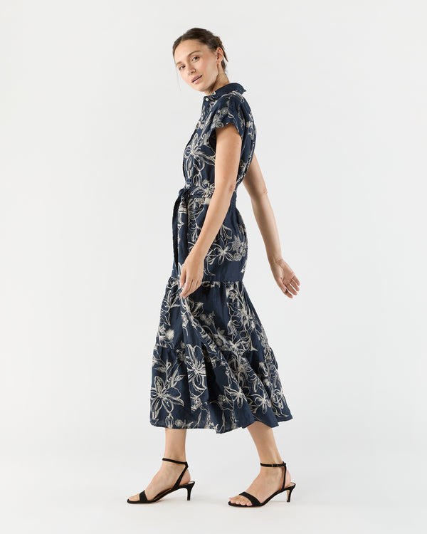 Sid Mashburn Sophia Popover Dress In Navy/Natural Embroidered Floral Linen