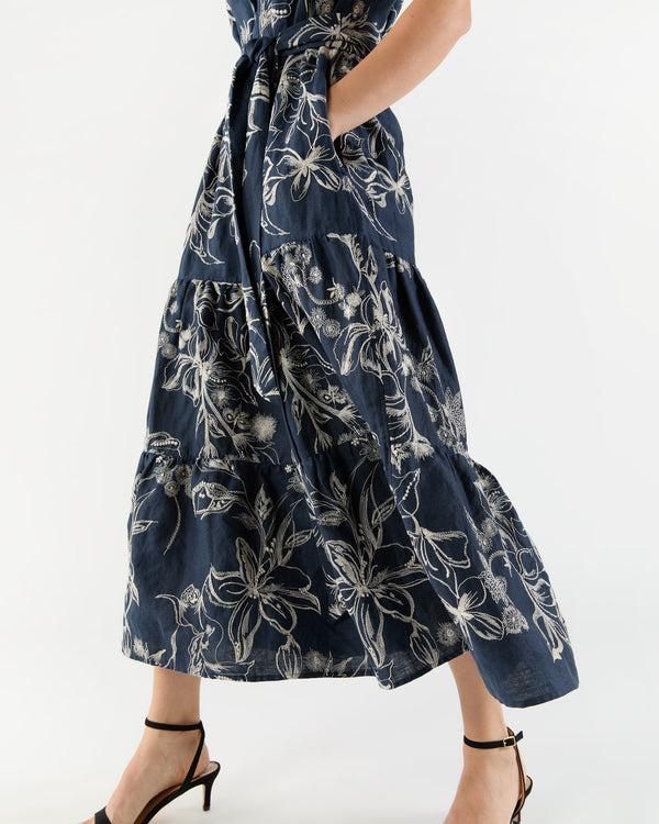 Sid Mashburn Sophia Popover Dress In Navy/Natural Embroidered Floral Linen