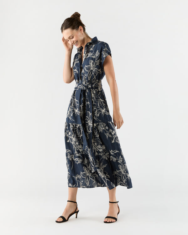 sid mashburn Sophia Popover Dress in Navy/Natural Embroidered Floral Linen