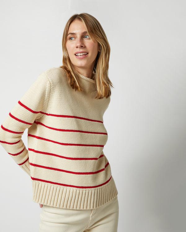 Sid Mashburn Stevie Sweater In Red/Cream Maritime Stripe Cotton Tape Yarn