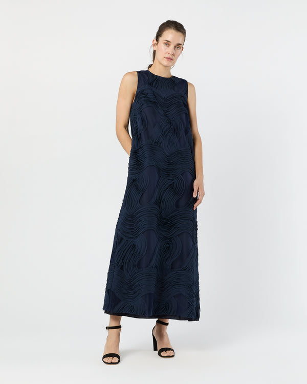 sid mashburn Susy Shift Maxi Dress in Navy Ribbon Embroidery