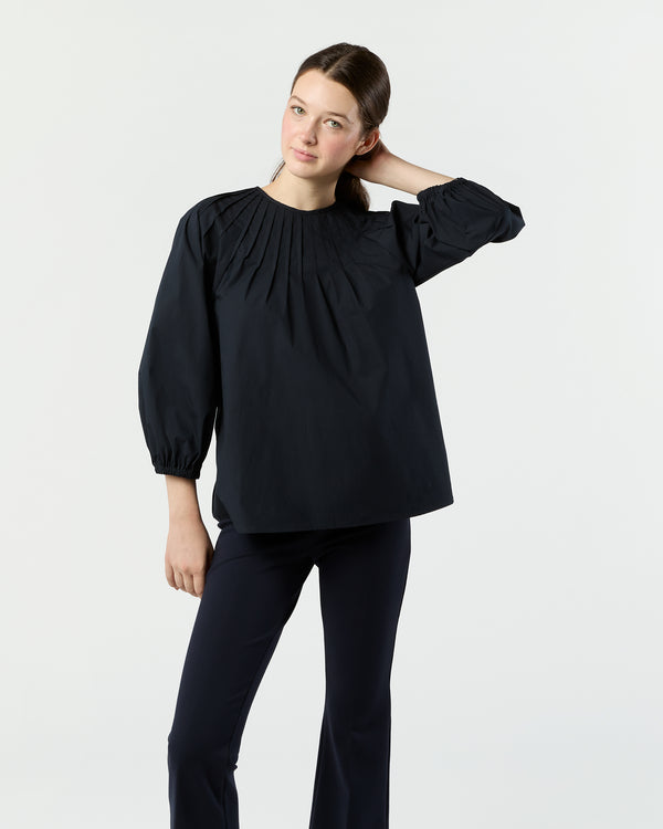 sid mashburn Thea Pintuck Top in Navy Paperweight Stretch Poplin