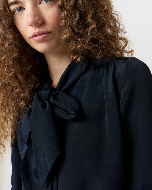 Sid Mashburn Tie-Neck Blouse In Navy Silk Crepe De Chine