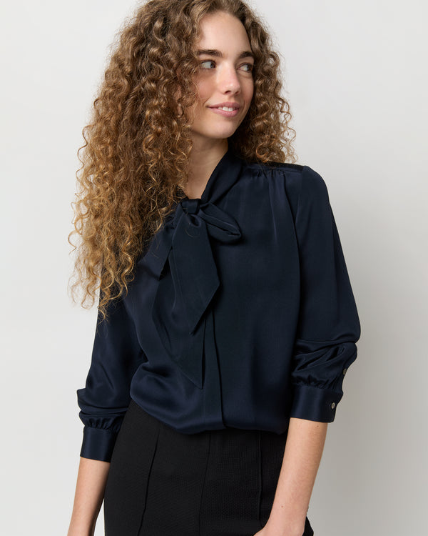 sid mashburn Tie-Neck Blouse in Navy Silk Crepe de Chine