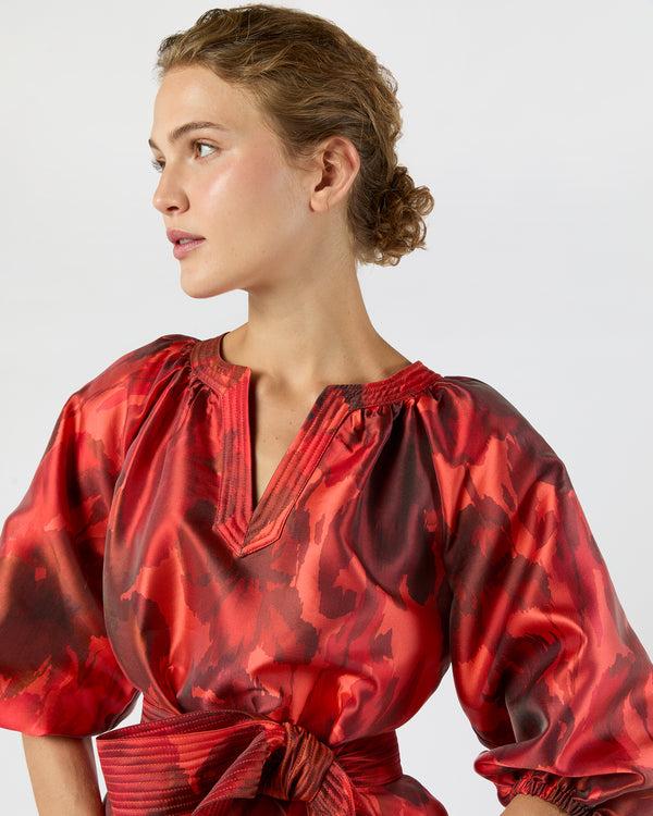 Sid Mashburn Trapunto Blouson Dress In Red/Multi Watercolor Floral Mikado