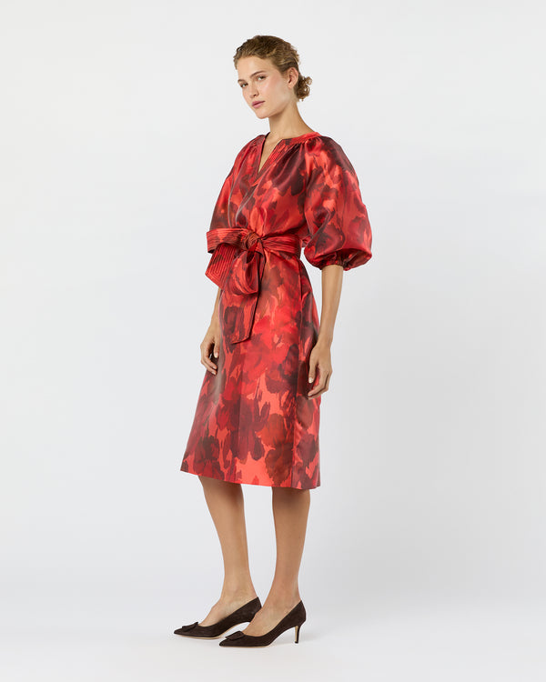 Sid Mashburn Trapunto Blouson Dress In Red/Multi Watercolor Floral Mikado