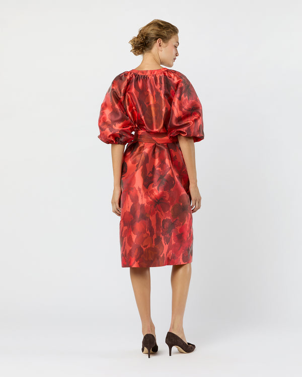Sid Mashburn Trapunto Blouson Dress In Red/Multi Watercolor Floral Mikado